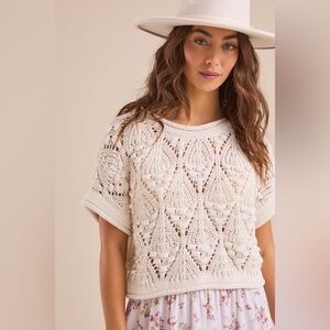 Zara Cropped Crochet Knit Sweater Medium Cream White Bohemian Hippie